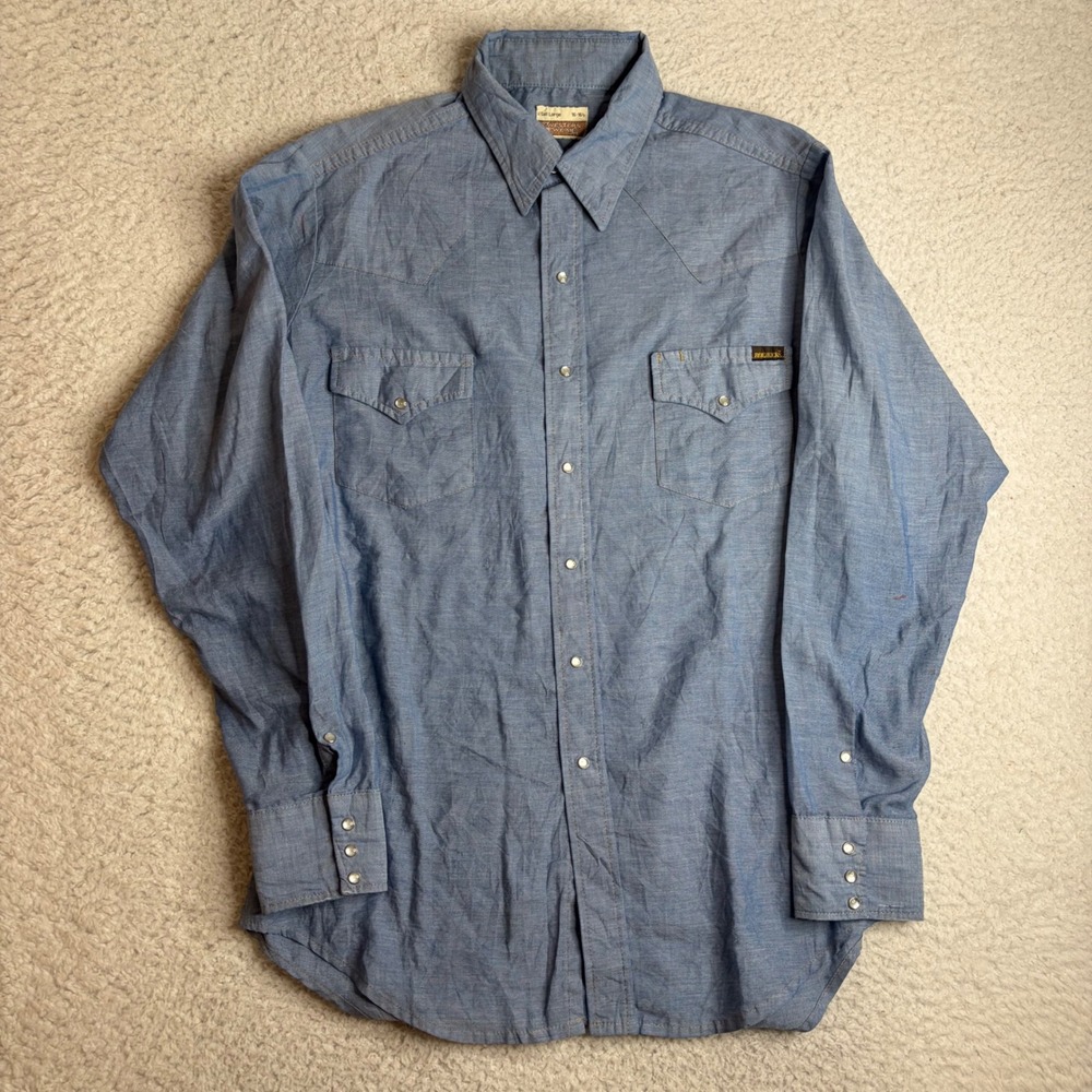 70s Sears Roebucks Western Wear Blue Chambray Pearl Snap Shirt X-Tall Large